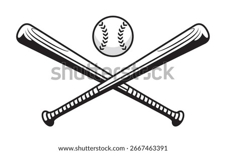 Monochrome two crossed baseball bats, icon sports tool. Vector illustration, isolated on white background. Simple shape for design logo, emblem, symbol, sign, badge, label, stamp