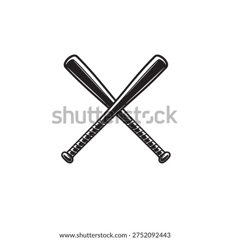 Monochrome two crossed baseball bats, icon sports tool. Vector illustration, isolated on white background. Simple shape for design logo, emblem, symbol, sign, badge, label, stamp - vector illustration mockup template.