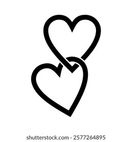 Monochrome of two heart shapes intertwined and interlocking with each other. One above the other below slightly tilted. Icon and symbol for express love and Valentine's Day.