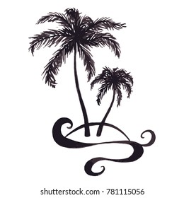 Monochrome two tropical palm tree sea ocean beach hand drawn sketch vector