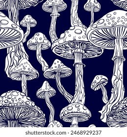 Monochrome two-color fly agarics. Mushrooms Amanita. Seamless vector pattern - goa trance music, hanging out shindig, going out, the gang, rave get together culture. Hippie retro style 60s, 70s 