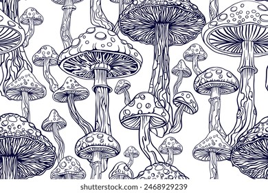 Monochrome two-color fly agarics. Mushrooms Amanita. Seamless vector pattern - goa trance music, hanging out shindig, going out, the gang, rave get together culture. Hippie retro style 60s, 70s 