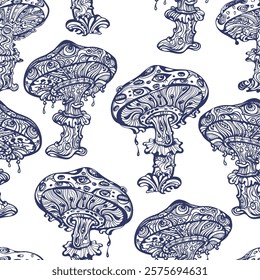 Monochrome two-color fly agarics. Mushrooms Amanita. Seamless vector pattern - goa trance music, hanging out shindig, going out, the gang, rave get together culture. Hippie retro style 60s, 70s 