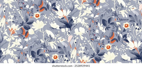 monochrome two-color seamless pattern with flowers silhouette.