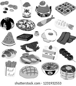 Monochrome Typical Japanese food set.This means food that is commonly eaten in Japan.