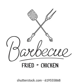 Monochrome typographical light template with calligraphic inscription and crossed barbecue tools isolated vector illustration