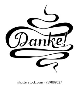 Monochrome typography banner Danke, means thanks in german language, swirls hand drawn lettering stock vector illustration