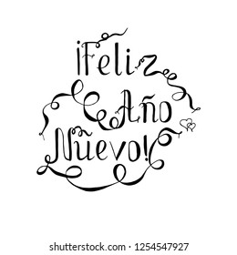 Monochrome typography banner lettering Feliz año nuevo, means Happy New Year in spanish language, swirls hand drawn lettering stock vector illustration