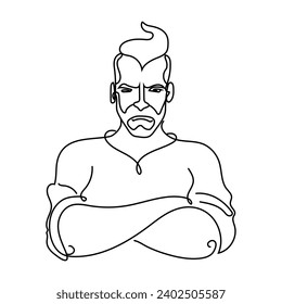 Monochrome Ukrainian Cossack is hand drawn in line art style with his arms crossed on his chest. Black lines on a white background. Stylized image of the character