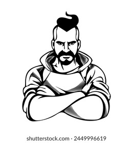 Monochrome Ukrainian man is hand drawn with crossed arms and serious look. Wearing a hoodie or military clothing. Face with beard and mustache and national hairstyle