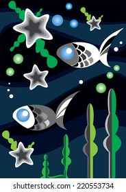 Monochrome underwater fishes - vector illustration