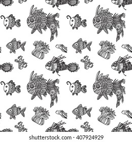 Monochrome underwater seascape tile pattern with decorative fish, corals, anemone. Ethnic style psychedelic doodle vector image. Can be used as print for fabric, wrapping, scrapbook, packing