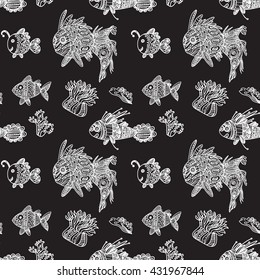 Monochrome underwater seascape tile pattern with decorative fish, corals, anemone. Ethnic style psychedelic doodle vector image. Can be used as print for fabric, wrapping, scrapbook, packing