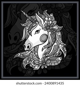 Monochrome Unicorn head mandala arts.