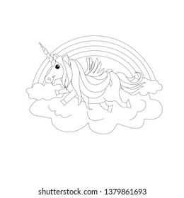 Monochrome unicorn on cloud rainbow. Fantastic animal children design element stock vector illustration for web, for print, for coloring book, for antistres page