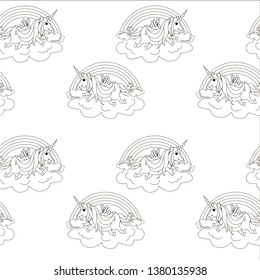 Monochrome unicorn on cloud rainbow seamless pattern. Fantastic animal children design element stock vector illustration for web, for print, for coloring book, for antistress page