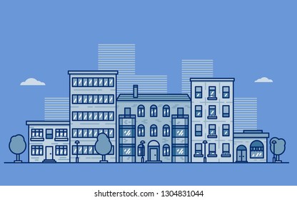 Monochrome urban City landscape with horizontal city street panorama. Cityscape with residential houses, shops, trees and street lamps. Flat style outline vector illustration.