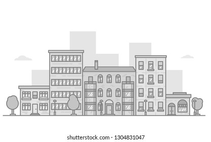 Monochrome urban City landscape with horizontal city street panorama. Cityscape with residential houses, shops, trees and street lamps. Flat style outline vector illustration.