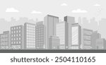 Monochrome urban cityscape with clouds in the sky. Grey city buildings with trees. Modern architectural flat style illustration. Vector cityscape background.