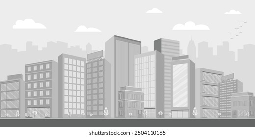 Monochrome urban cityscape with clouds in the sky. Grey city buildings with trees. Modern architectural flat style illustration. Vector cityscape background.