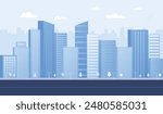 Monochrome urban landscape with clouds in the sky. Blue city buildings with trees. Modern architectural flat style vector illustration. Vector cityscape background.