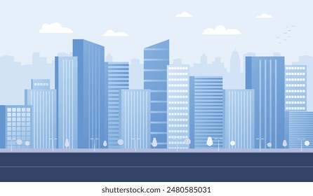 Monochrome urban landscape with clouds in the sky. Blue city buildings with trees. Modern architectural flat style vector illustration. Vector cityscape background.