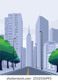 Paisaje urbano monocromo con nubes en el cielo. Edificios azules de la ciudad con árboles. Moderna Ilustración vectorial de estilo plano arquitectónico. Fondo de paisaje urbano de Vector.