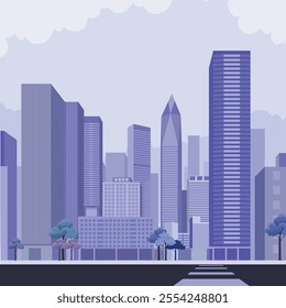 Monochrome urban landscape with clouds in the sky. Blue city buildings with trees. Modern architectural flat style vector illustration. Vector cityscape background.