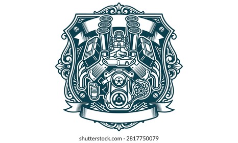 Monochrome V8 engine illustration featuring high-performance air intakes, pulleys, and mechanical components set inside an ornate decorative crest with blank heraldic ribbons.