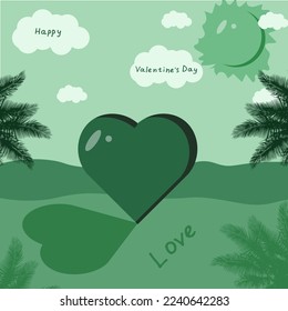 Monochrome valentines Day greeting card with the image of a heart on the ocean, with palm trees, clouds and the sun in the blue sky and the inscription happy Valentine's day.