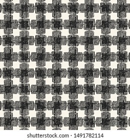 Monochrome Variegated Stroke Textured Checked Graphic Motif. Seamless Pattern.