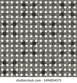 Monochrome Variegated Stroke Textured Tile Checked Background. Seamless Pattern.