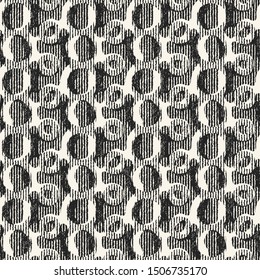 Monochrome Variegated Textured Ikat Loops Graphic Motif. Seamless Pattern.