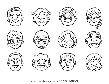 Monochrome various elderly people face icons
