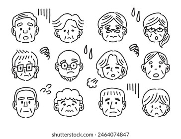 Monochrome various elderly people sad face icons