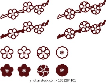 Monochrome various plum illustrations set