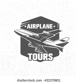 Monochrome vector airplane tours logotype, illustration, icon