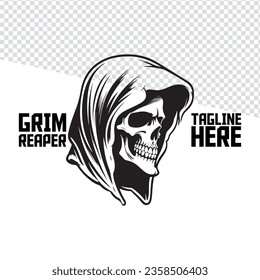 Monochrome Vector Art of the Grim Reaper: Death, Skull, Skeleton, Face, Hand-Drawn Design for Logo, Label, Emblem, Sign, Brand Mark, Poster, T-Shirt Print.
