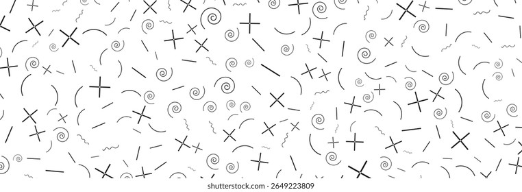 Monochromer Vektorhintergrund mit schwarzen geometrischen Formen auf weißem Hintergrund sowie Zeichen, Kreuze, Spiralen und Linien, wodurch ein vielseitiges und modernes Design für verschiedene Projekte entsteht