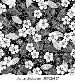  Monochrome vector background with cherry blossoms. Vector floral seamless pattern.