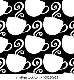 Monochrome vector background with coffee cups and steam. Seamless black and white coffee texture for wrapping paper, menu, book covers etc. 