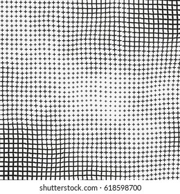 Monochrome vector background with distorted crosses. Black and white backdrop with collapsing lattice. Curved grid of plus signs. Simple geometric motive. Element of design.