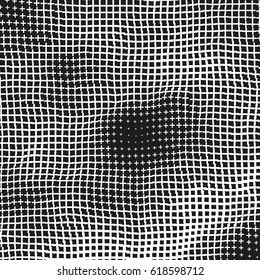 Monochrome vector background with distorted crosses. Black and white backdrop with collapsing lattice. Curved grid of plus signs. Simple geometric motive. Element of design.