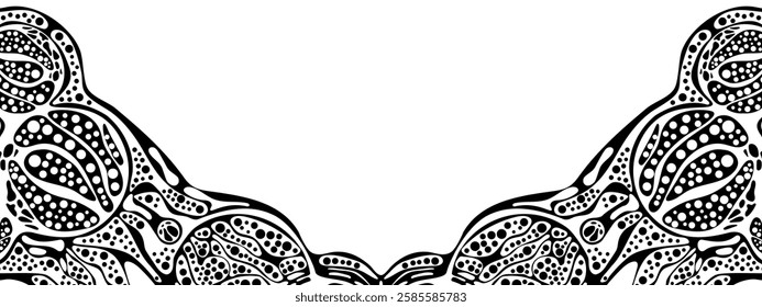 Monochrome vector background frame with a dynamic texture. Chaotic waves, particles, and circles create an engaging design. Ideal for presentations, technology, medicine, and business applications.