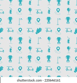 Monochrome vector background for golf. Seamless vector pattern with blue silhouette equipment for golf on gray background.