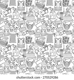 Monochrome vector background for paintball. Seamless vector pattern with black line equipment and outfit for paintball on white background.