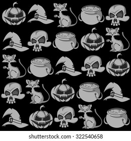 Monochrome vector background with rows of cartoon Halloween symbols: a skull, a big witch's hat, a cauldron, a cat, a pumpkin.