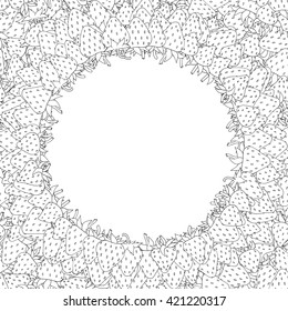 Monochrome Vector background with strawberries. Vitamins. Round Frame.