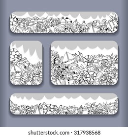 Monochrome Vector banner templates set with doodles summer theme