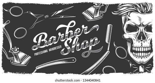 Monochrome Vector Barbershop Banner In Vintage Style. Tools, Skull With Hair.